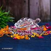 Glass Crystal Tortoise Kachua, feng shui turtle showpiece with bowl plate, Indian-made office or home decor